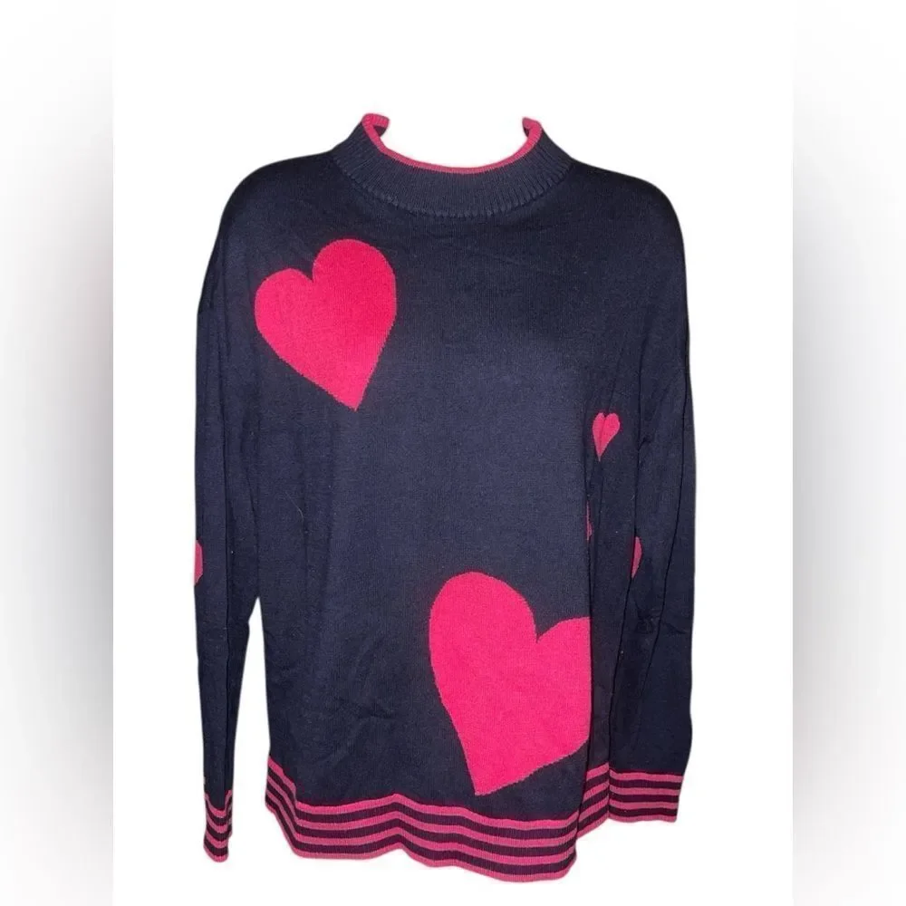 Talbots Navy Blue Pink Striped Sweater with Pink Heart M